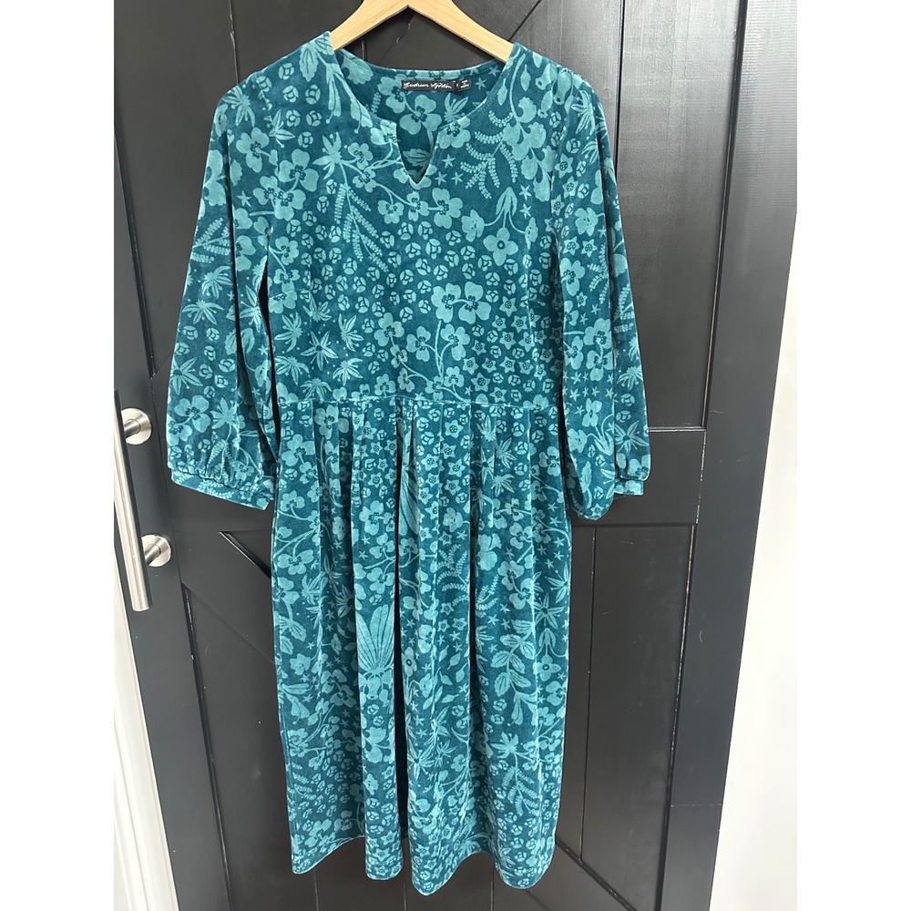 Gudrun Sjoden Teal Floral Organic Cotton Velour Midi Dress Size S Scandi Boho
